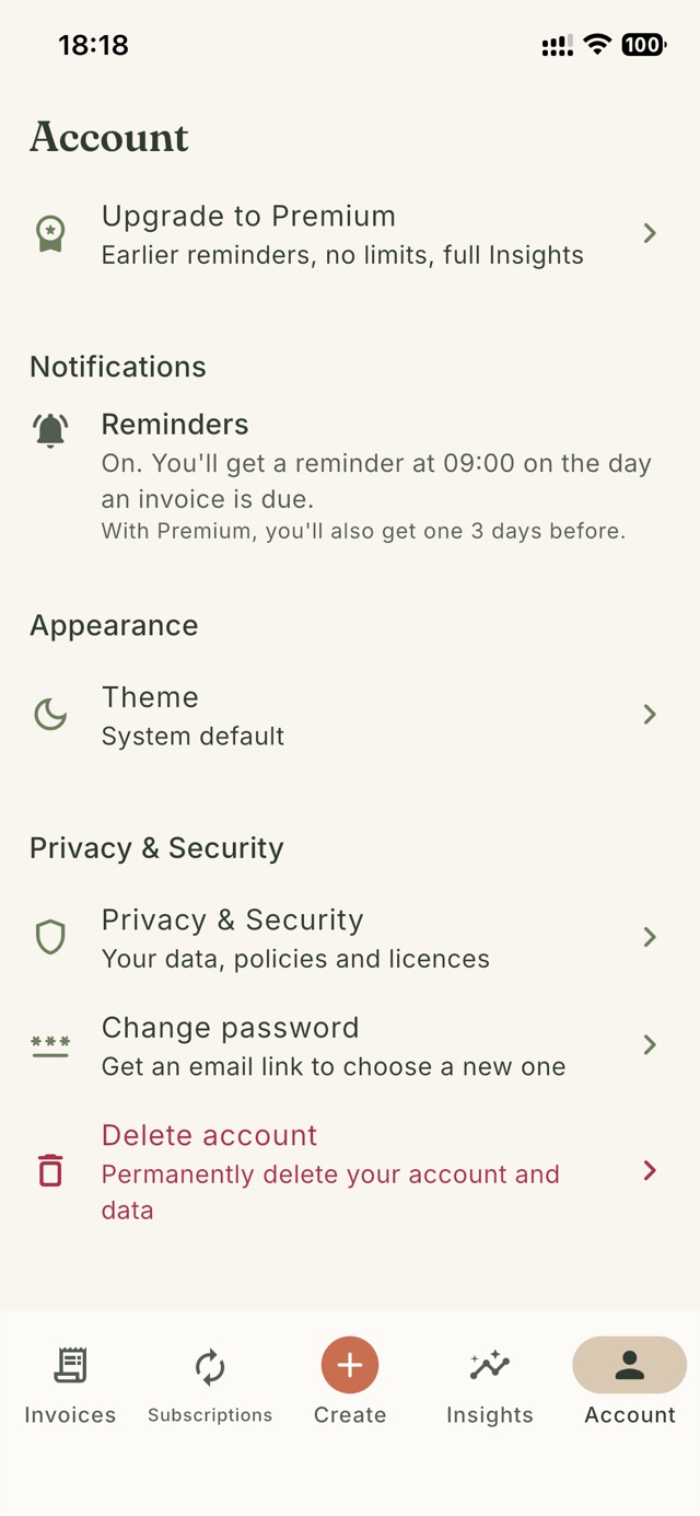 Account in Invsy: reminders are on, with Premium and settings for theme and privacy.