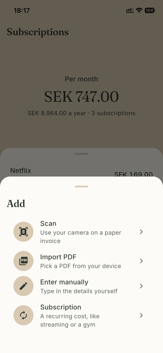 Add in Invsy: scan, import a PDF, enter manually or add a subscription.