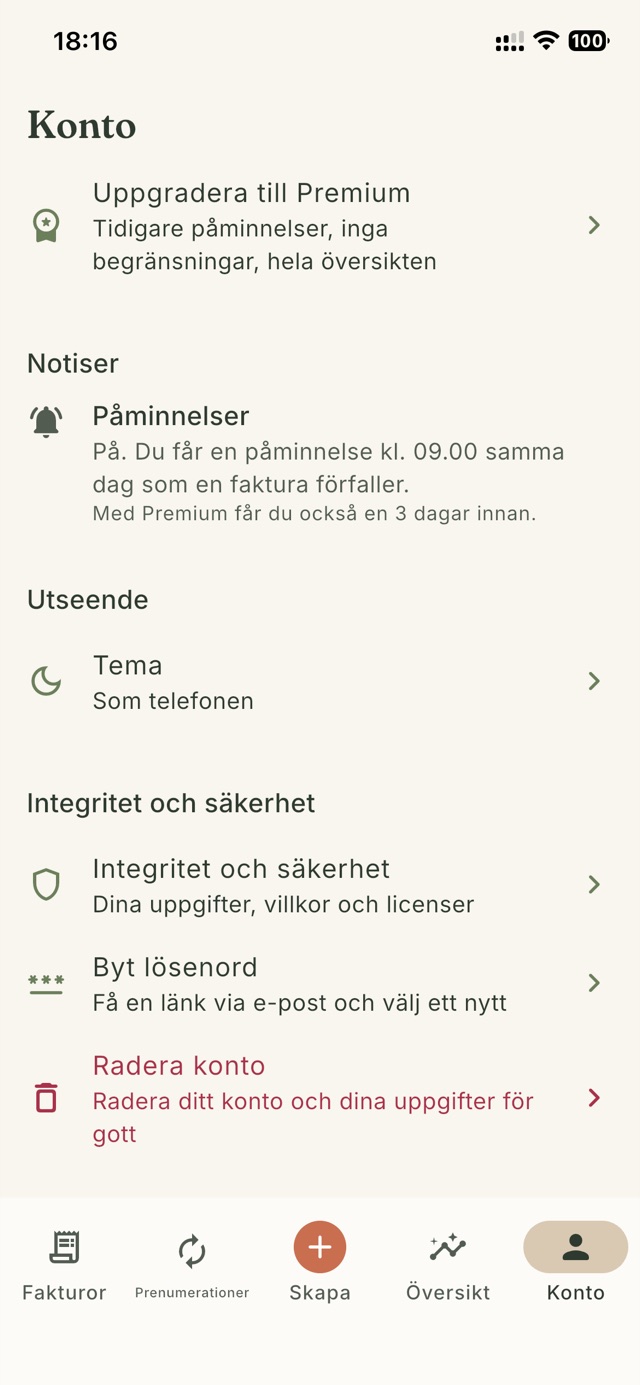 Konto i Invsy: påminnelser är på, med Premium och inställningar för tema och integritet.