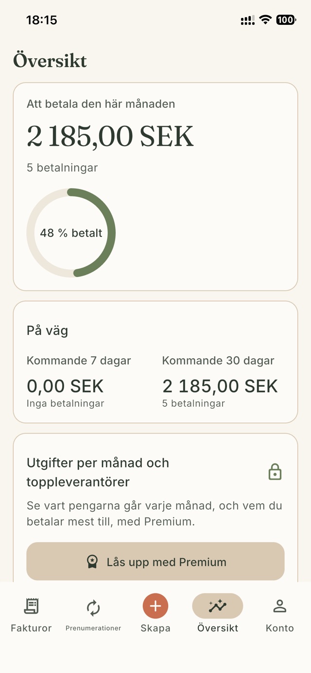 Översikt i Invsy: 2 185 kronor att betala den här månaden, 48 procent betalt.